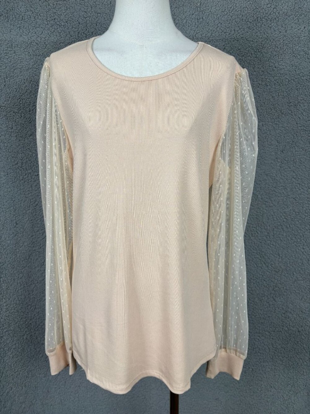 Luxveer Women's Beige Ribbed Knit Top Sheer Polka Dot  Long Sleeves Size XL NWTs